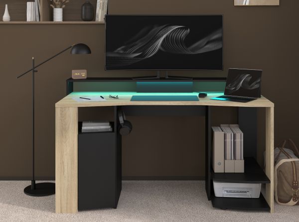 Gamingtisch Meta in Eiche und schwarz Gamer Schreibtisch inkl. LED mit Farbwechsel 152 cm