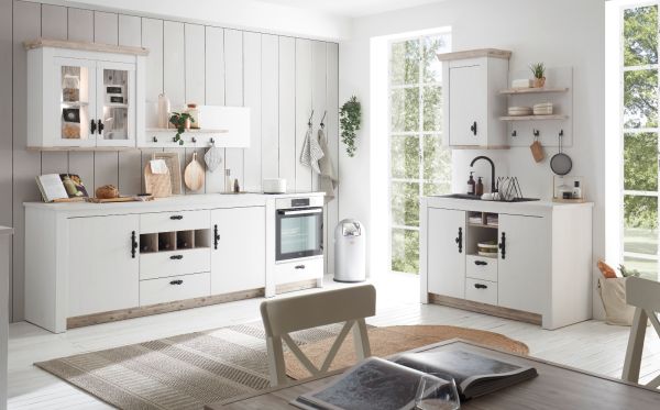 Kchenschrank Rovola in wei Pinie Landhaus Kche Unterschrank fr Sple oder Kochfeld 129 cm, Soft-Close