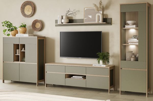 Wohnwand Finnes in Salbei und Eiche Wohnkombination skandinavisch 4-teilig 363 cm, Soft-Close