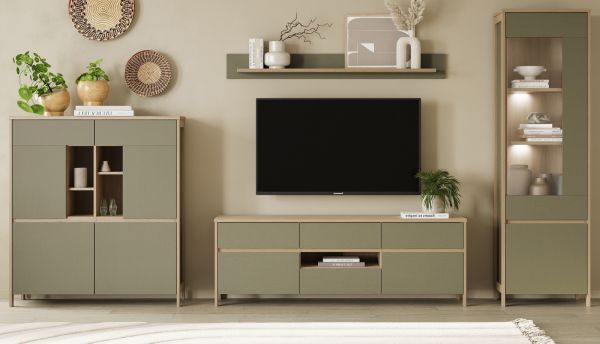 Wohnwand Finnes in Salbei und Eiche Wohnkombination skandinavisch 4-teilig 363 cm, Soft-Close