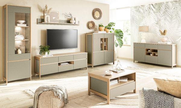 Wohnwand Finnes in Salbei und Eiche Wohnkombination skandinavisch 4-teilig 363 cm, Soft-Close