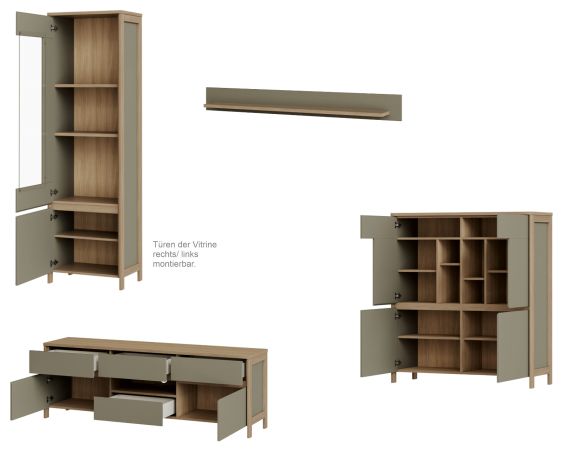 Wohnwand Finnes in Salbei und Eiche Wohnkombination skandinavisch 4-teilig 363 cm, Soft-Close