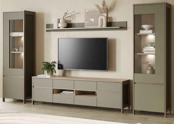Wohnwand Finnes in Salbei und Eiche Wohnkombination skandinavisch 4-teilig 339 cm, Soft-Close