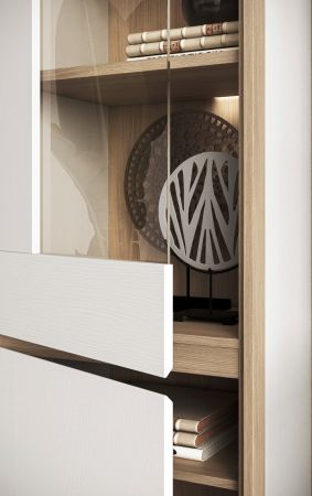 Vitrine Finnes in wei und Eiche Vitrinenschrank skandinavisch 58 x 195 cm, Soft-Close