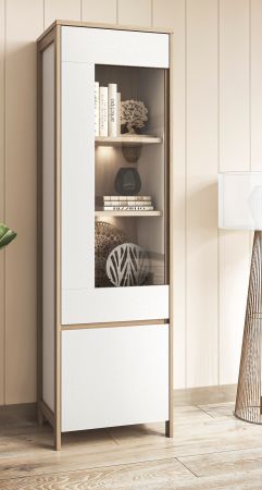 Vitrine Finnes in wei und Eiche Vitrinenschrank skandinavisch 58 x 195 cm, Soft-Close