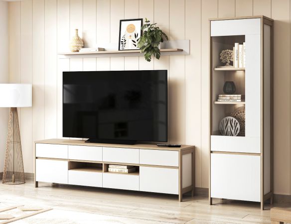Vitrine Finnes in wei und Eiche Vitrinenschrank skandinavisch 58 x 195 cm, Soft-Close