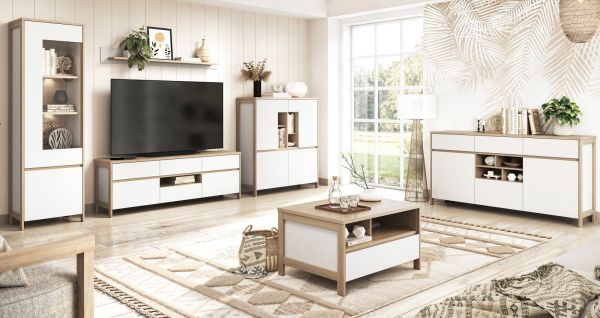 Vitrine Finnes in wei und Eiche Vitrinenschrank skandinavisch 58 x 195 cm, Soft-Close