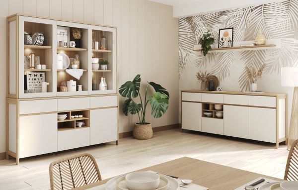 Buffet Finnes in wei und Eiche Vitrinenschrank skandinavisch 164 x 195 cm, Soft-Close