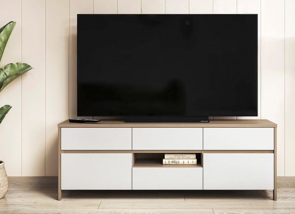 TV-Lowboard Finnes in wei und Eiche TV Unterteil skandinavisch 164 cm, Soft-Close