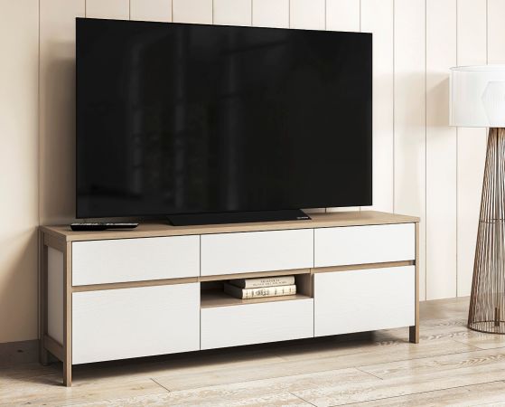 TV-Lowboard Finnes in wei und Eiche TV Unterteil skandinavisch 164 cm, Soft-Close