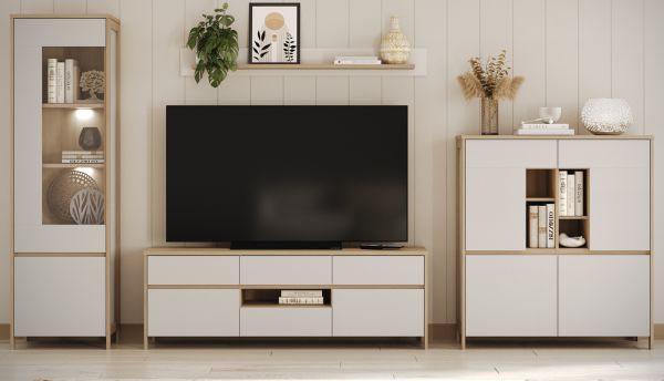 TV-Lowboard Finnes in wei und Eiche TV Unterteil skandinavisch 164 cm, Soft-Close