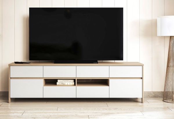 TV-Lowboard Finnes in wei und Eiche TV Unterteil skandinavisch 193 cm, Soft-Close