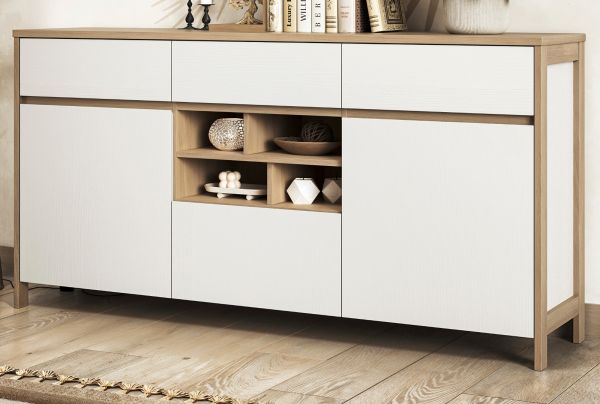 Sideboard Finnes in wei und Eiche Kommode skandinavisch 164 cm, Soft-Close