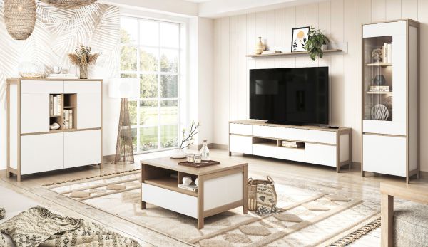 Highboard Finnes in wei und Eiche Kommode skandinavisch 111 x 125 cm, Soft-Close