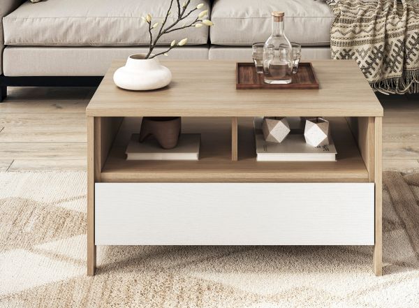 Couchtisch Finnes in wei und Eiche Beistelltisch skandinavisch 80 x 60 cm, Soft-Close