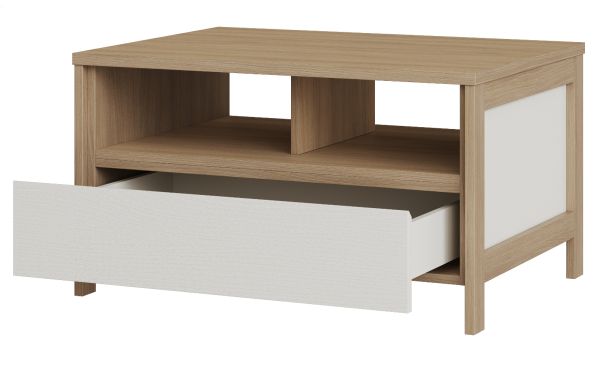 Couchtisch Finnes in wei und Eiche Beistelltisch skandinavisch 80 x 60 cm, Soft-Close