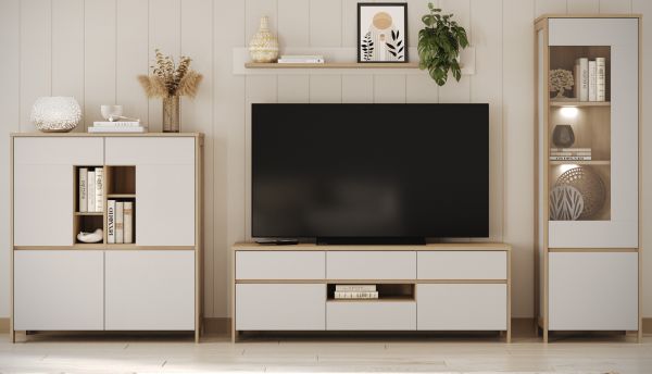 Wohnwand Finnes in wei und Eiche Wohnkombination skandinavisch 4-teilig 360 cm, Soft-Close