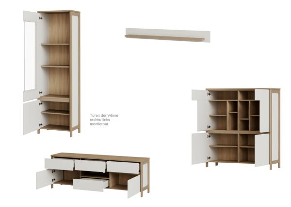Wohnwand Finnes in wei und Eiche Wohnkombination skandinavisch 4-teilig 360 cm, Soft-Close