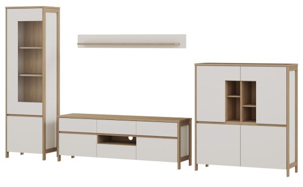 Wohnwand Finnes in wei und Eiche Wohnkombination skandinavisch 4-teilig 360 cm, Soft-Close