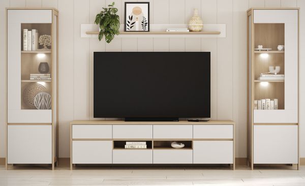 Wohnwand Finnes in wei und Eiche Wohnkombination skandinavisch 4-teilig 339 cm, Soft-Close