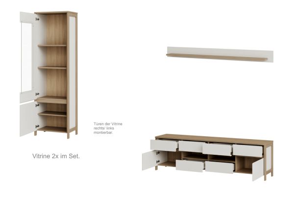 Wohnwand Finnes in wei und Eiche Wohnkombination skandinavisch 4-teilig 339 cm, Soft-Close