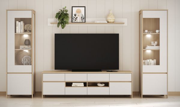 Wohnwand Finnes in wei und Eiche Wohnkombination skandinavisch 4-teilig 339 cm, Soft-Close