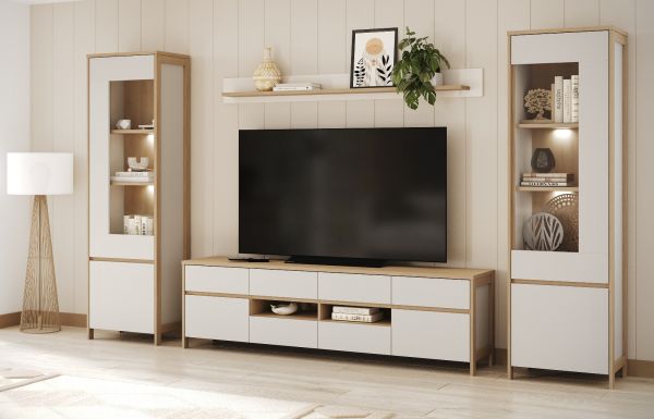 Wohnwand Finnes in wei und Eiche Wohnkombination skandinavisch 4-teilig 339 cm, Soft-Close