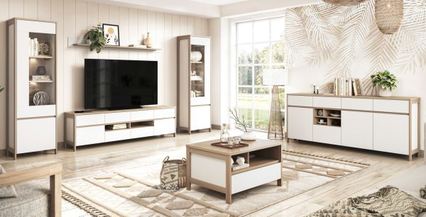 Wohnwand Finnes in wei und Eiche Wohnkombination skandinavisch 4-teilig 339 cm, Soft-Close