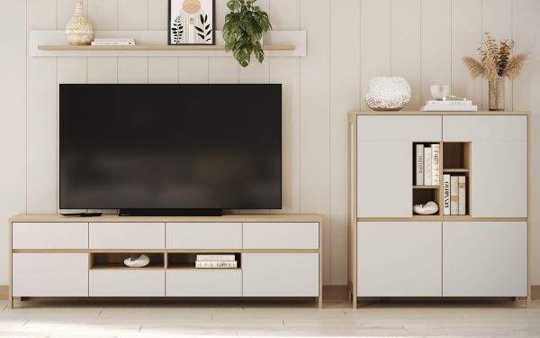 Wohnwand Finnes in wei und Eiche Wohnkombination skandinavisch 3-teilig 319 cm, Soft-Close