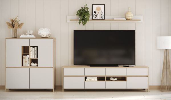 Wohnwand Finnes in wei und Eiche Wohnkombination skandinavisch 3-teilig 319 cm, Soft-Close