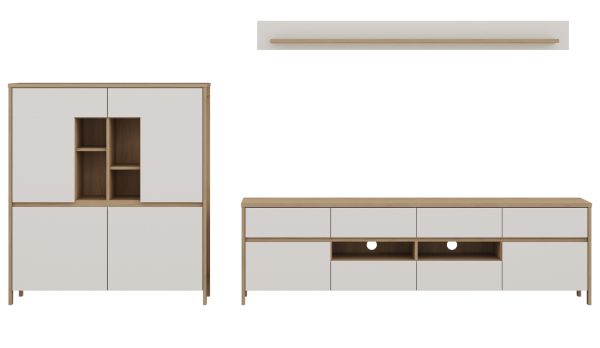 Wohnwand Finnes in wei und Eiche Wohnkombination skandinavisch 3-teilig 319 cm, Soft-Close