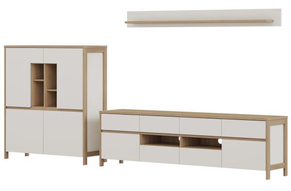 Wohnwand Finnes in wei und Eiche Wohnkombination skandinavisch 3-teilig 319 cm, Soft-Close