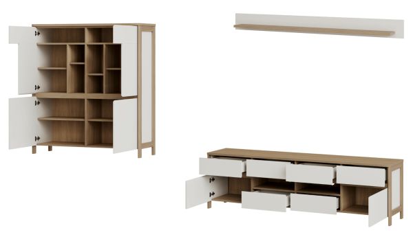 Wohnwand Finnes in wei und Eiche Wohnkombination skandinavisch 3-teilig 319 cm, Soft-Close