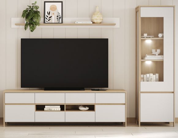Wohnwand Finnes in wei und Eiche Wohnkombination skandinavisch 3-teilig 266 cm, Soft-Close