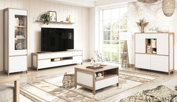 Wohnwand Finnes in wei und Eiche Wohnkombination skandinavisch 3-teilig 266 cm, Soft-Close