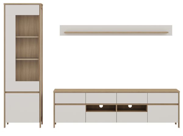 Wohnwand Finnes in wei und Eiche Wohnkombination skandinavisch 3-teilig 266 cm, Soft-Close