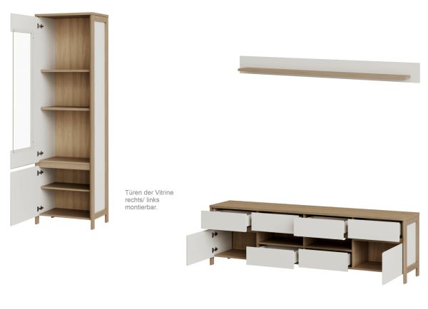 Wohnwand Finnes in wei und Eiche Wohnkombination skandinavisch 3-teilig 266 cm, Soft-Close