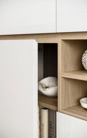 Wohnkombination Finnes in wei und Eiche Highboard und Schreibtisch skandinavisch, Soft-Close