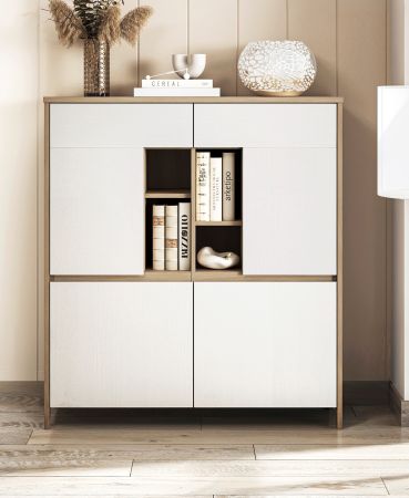 Wohnkombination Finnes in wei und Eiche Highboard und Schreibtisch skandinavisch, Soft-Close