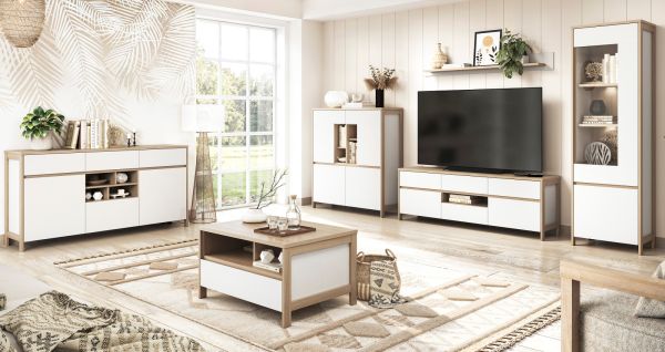 Wohnkombination Finnes in wei und Eiche Highboard und Schreibtisch skandinavisch, Soft-Close