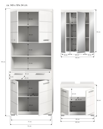 Badmöbel Set 3-teilig Shawn in weiß Hochglanz Badkombination 149 x 191 cm Badmöbel Set 3-teilig Shawn in weiß Hochglanz Badkombination 149 x 191 cm
