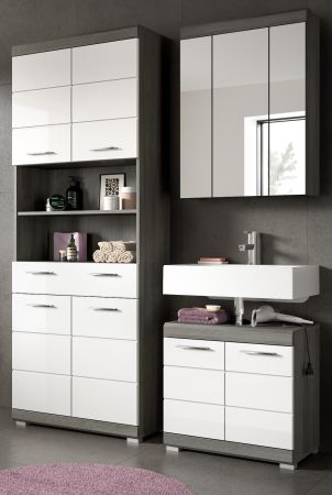 Badmbel Set 3-teilig Shawn in wei Hochglanz und Rauchsilber grau Badkombination 149 x 191 cm
