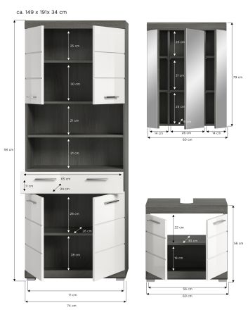 Badmbel Set 3-teilig Shawn in wei Hochglanz und Rauchsilber grau Badkombination 149 x 191 cm