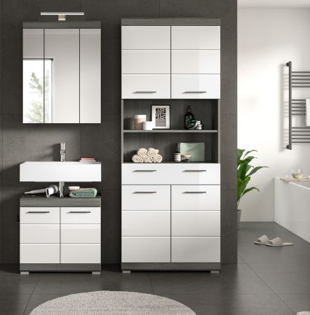 Badmbel Set 3-teilig Shawn in wei Hochglanz und Rauchsilber grau Badkombination 149 x 191 cm