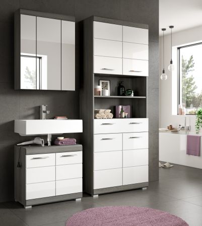 Badmbel Set 3-teilig Shawn in wei Hochglanz und Rauchsilber grau Badkombination 149 x 191 cm