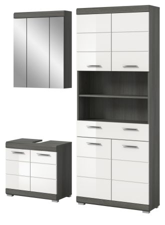 Badmbel Set 3-teilig Shawn in wei Hochglanz und Rauchsilber grau Badkombination 149 x 191 cm