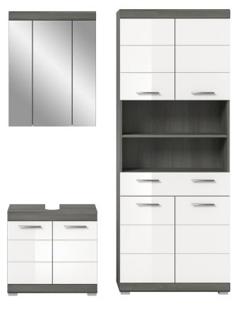 Badmbel Set 3-teilig Shawn in wei Hochglanz und Rauchsilber grau Badkombination 149 x 191 cm