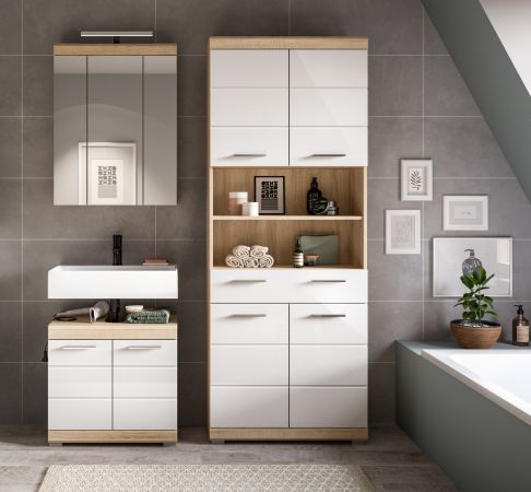 Badmöbel Set 3-teilig Mambo in weiß Hochglanz und Sonoma Eiche Badkombination 149 x 191 cm Badmöbel Set 3-teilig Mambo in weiß Hochglanz und Sonoma Eiche Badkombination 149 x 191 cm