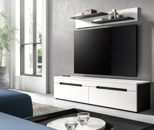 Wohnkombination Cooper in wei und grau TV-Lowboard hngend / stehend und Wandboard 170 cm