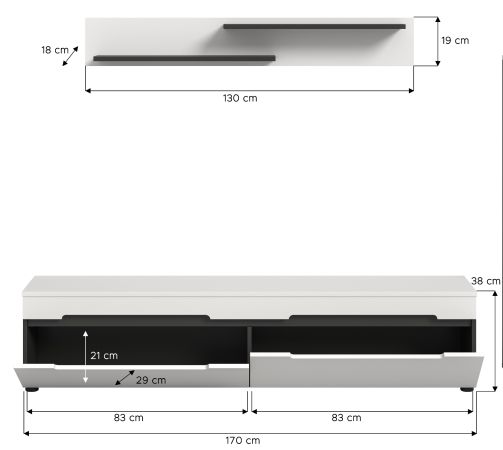 Wohnkombination Cooper in wei und grau TV-Lowboard hngend / stehend und Wandboard 170 cm